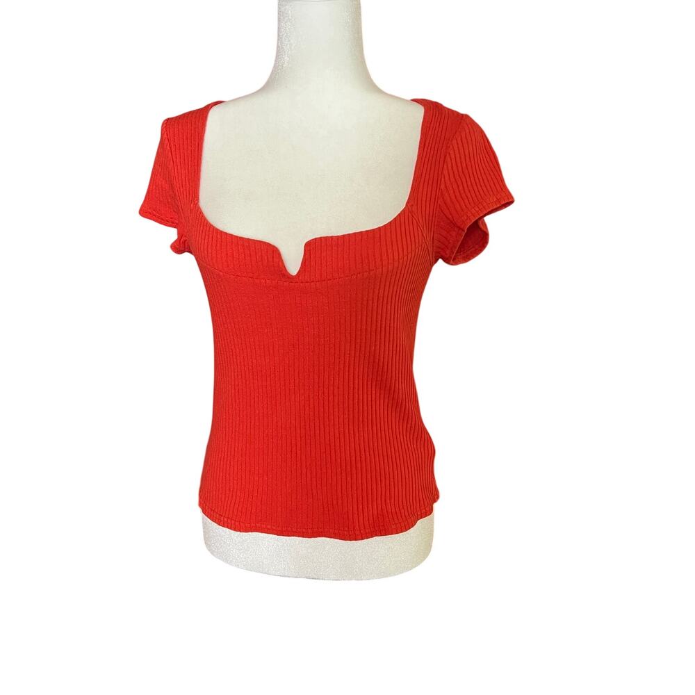 Free People Ribbed Knit Top Orange Fitted V Neck Cap Sleeve Stretch M Y2K Fitted